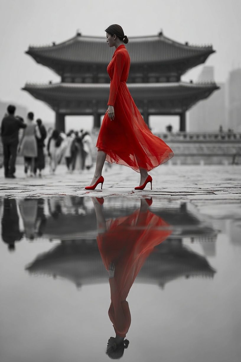 Red Dress in Seoul Fashion Poster. poster — photography art