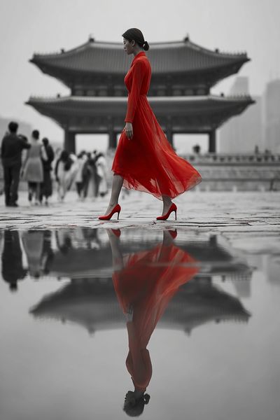 Red Dress in Seoul Fashion Poster. poster