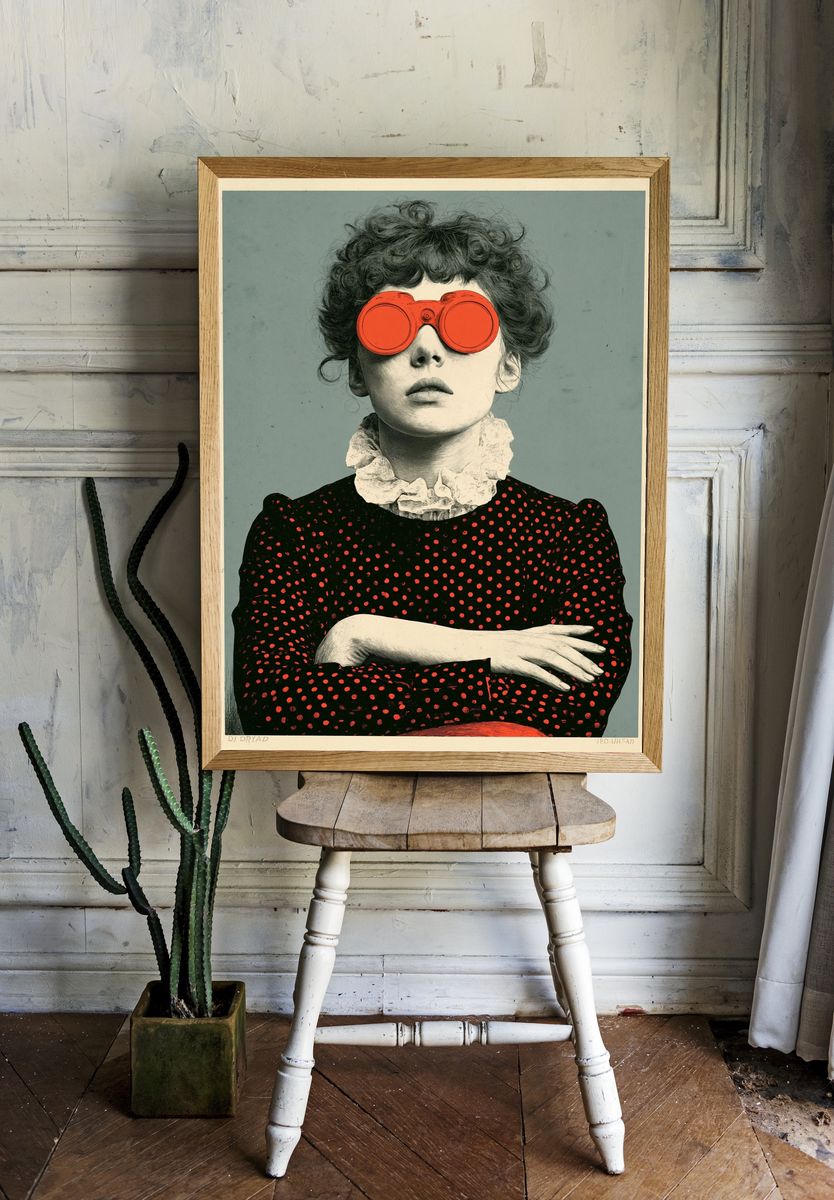 Surreal Woman with Red Binoculars Poster. — room view 1