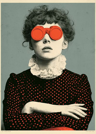 Surreal Woman with Red Binoculars Poster. poster print