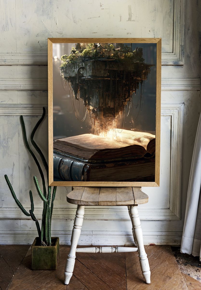 Floating Library City Surrealism Print. room preview