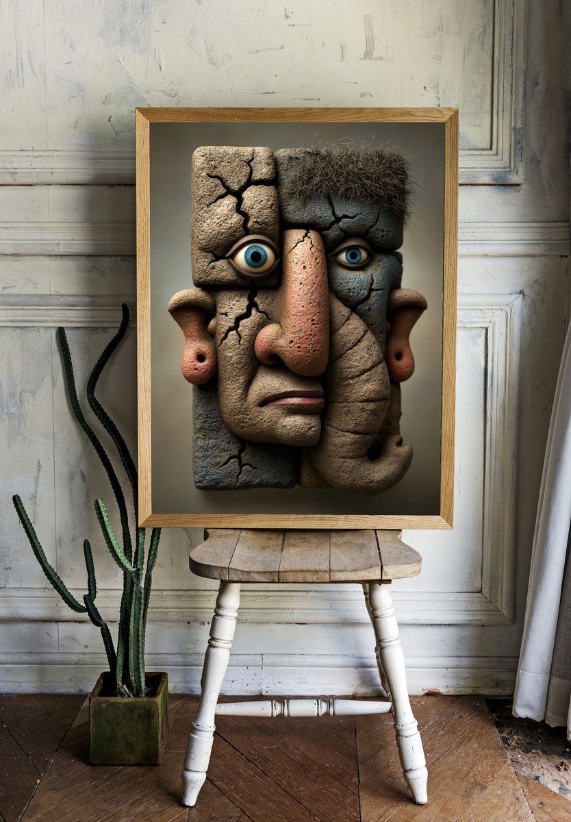 Cracked Stone Face Surrealism Print. — room view 1
