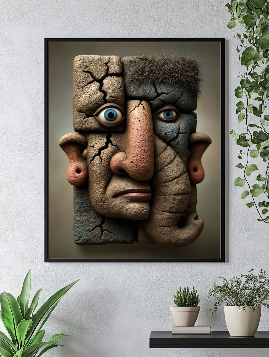 Cracked Stone Face Surrealism Print. — room view 4