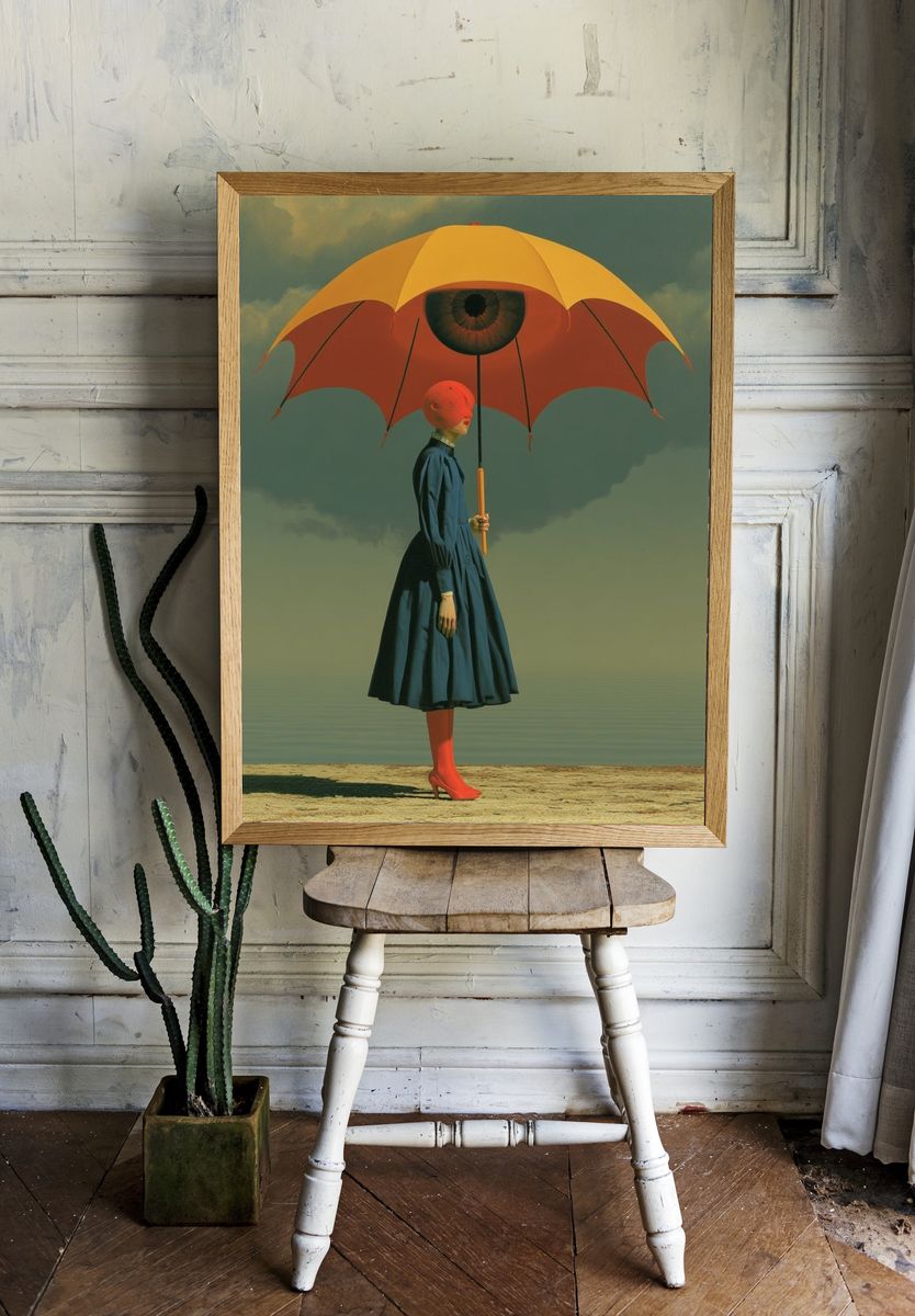 Surreal Umbrella Figure Print. room preview