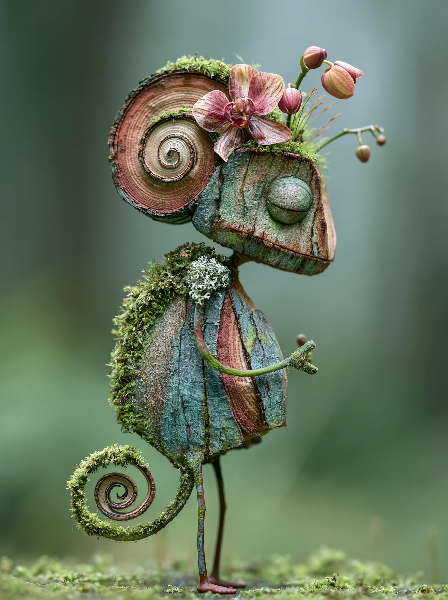 Whimsical Moss Chameleon Print. poster detail