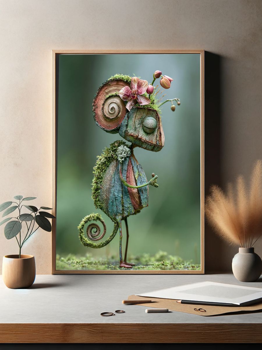 Whimsical Moss Chameleon Print. — room view 2