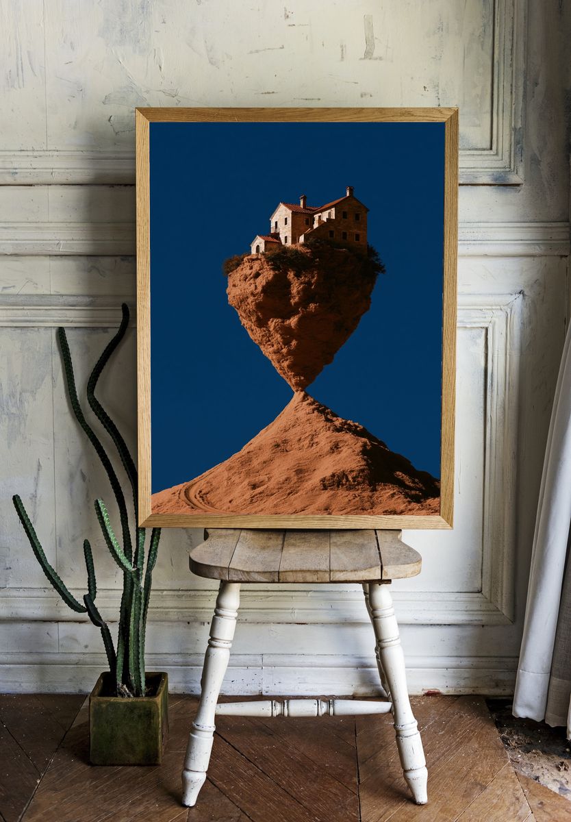 Floating House Surrealism Print. room preview