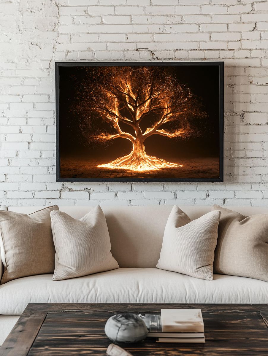 Burning Tree Surrealism Print. — room view 1
