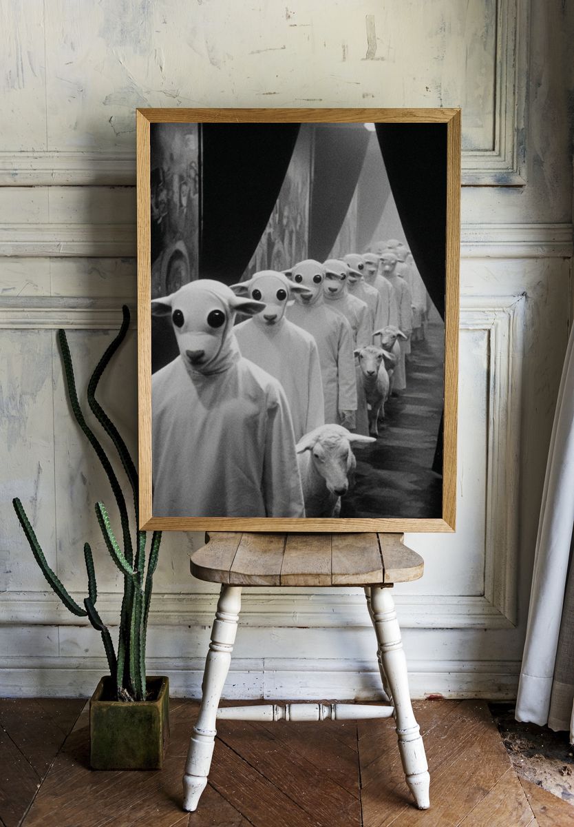 Surreal Sheep Procession Print. room preview