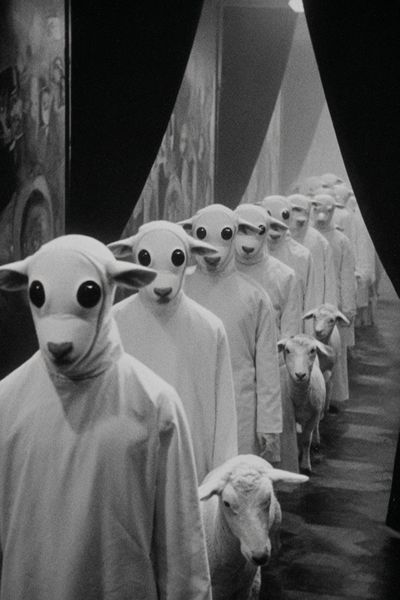Surreal Sheep Procession Print. poster