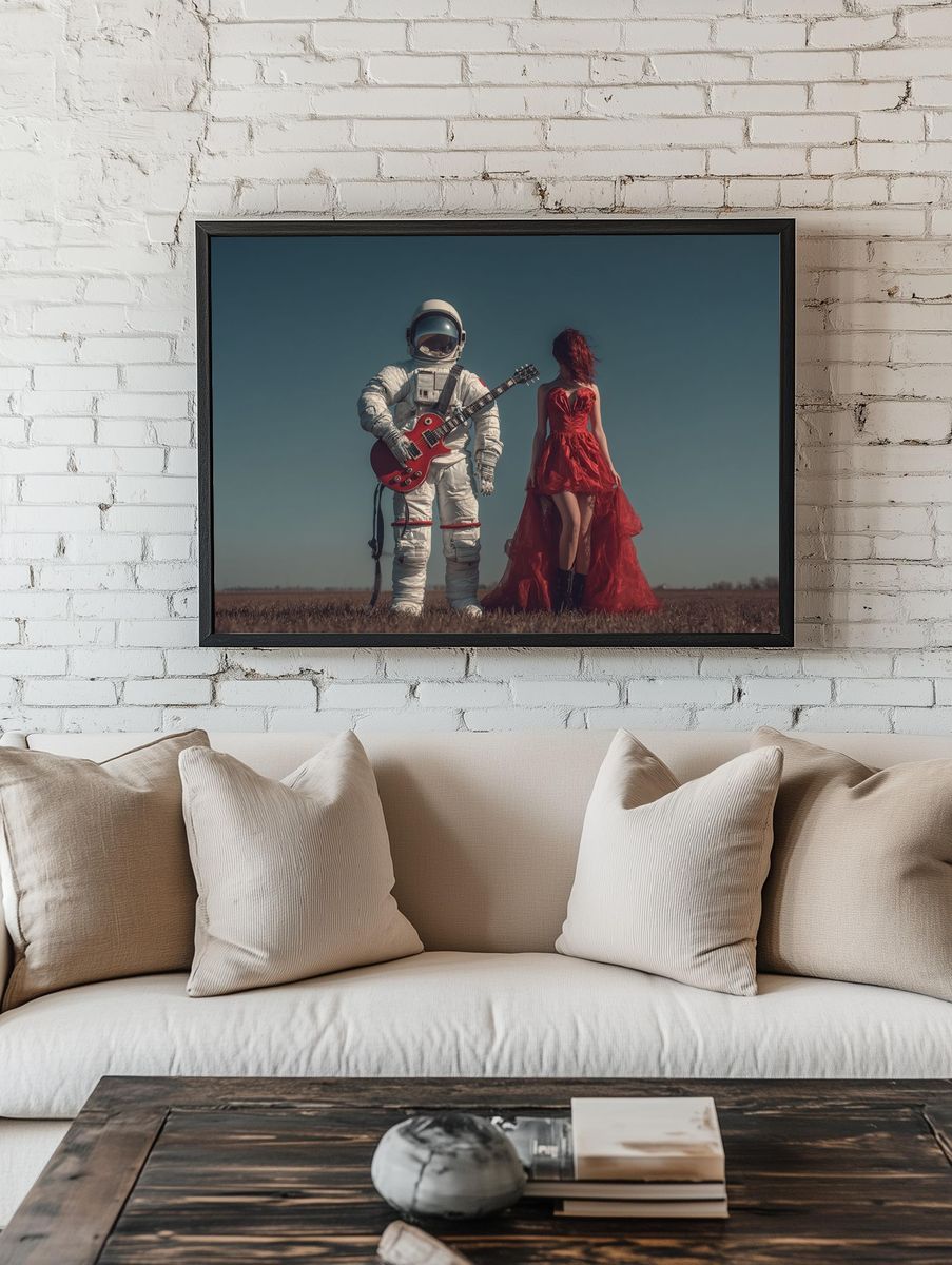 Astronaut and Red Dress Surrealism Print room preview