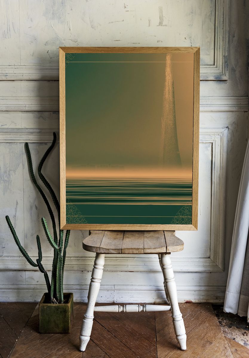 Surreal Emerald Seascape Print. room preview