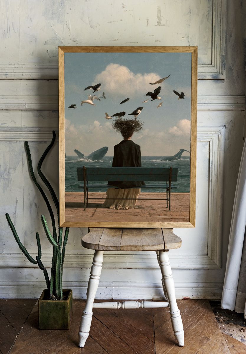 Surreal Seaside Bench Poster. — room view 1