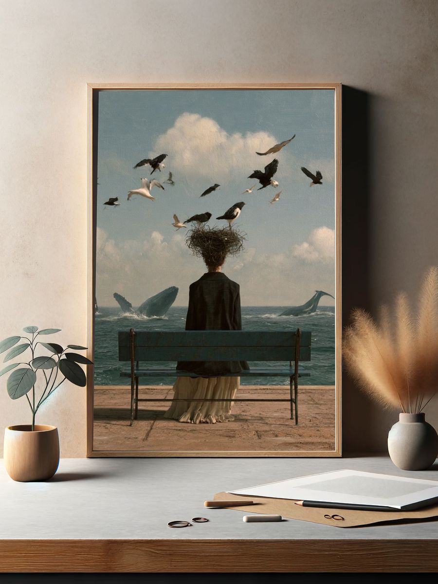 Surreal Seaside Bench Poster. — room view 2