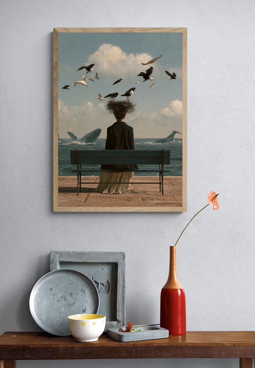 Surreal Seaside Bench Poster. — room view 3