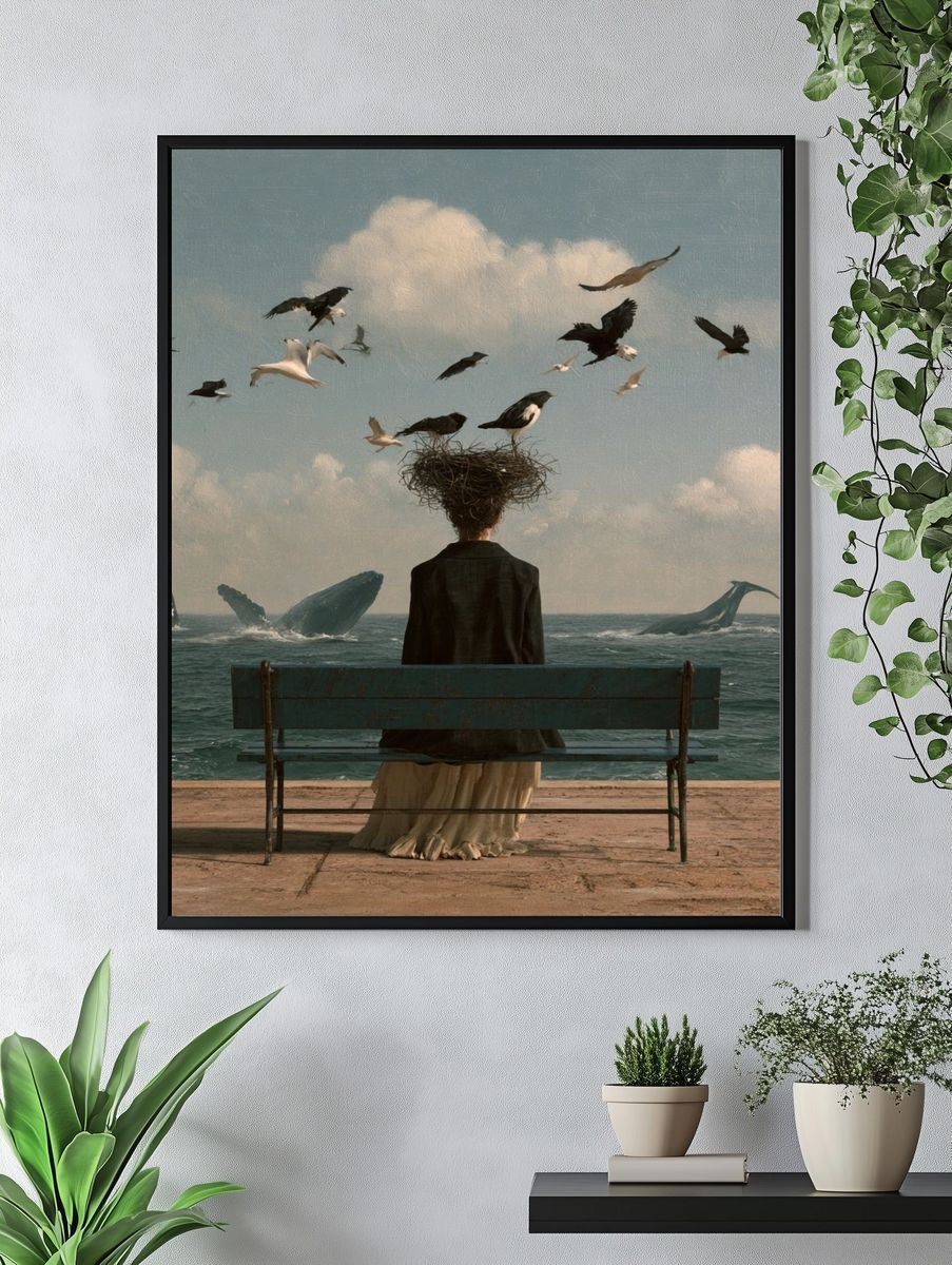 Surreal Seaside Bench Poster. — room view 4