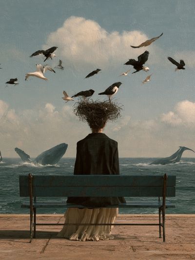 Surreal Seaside Bench Poster. poster
