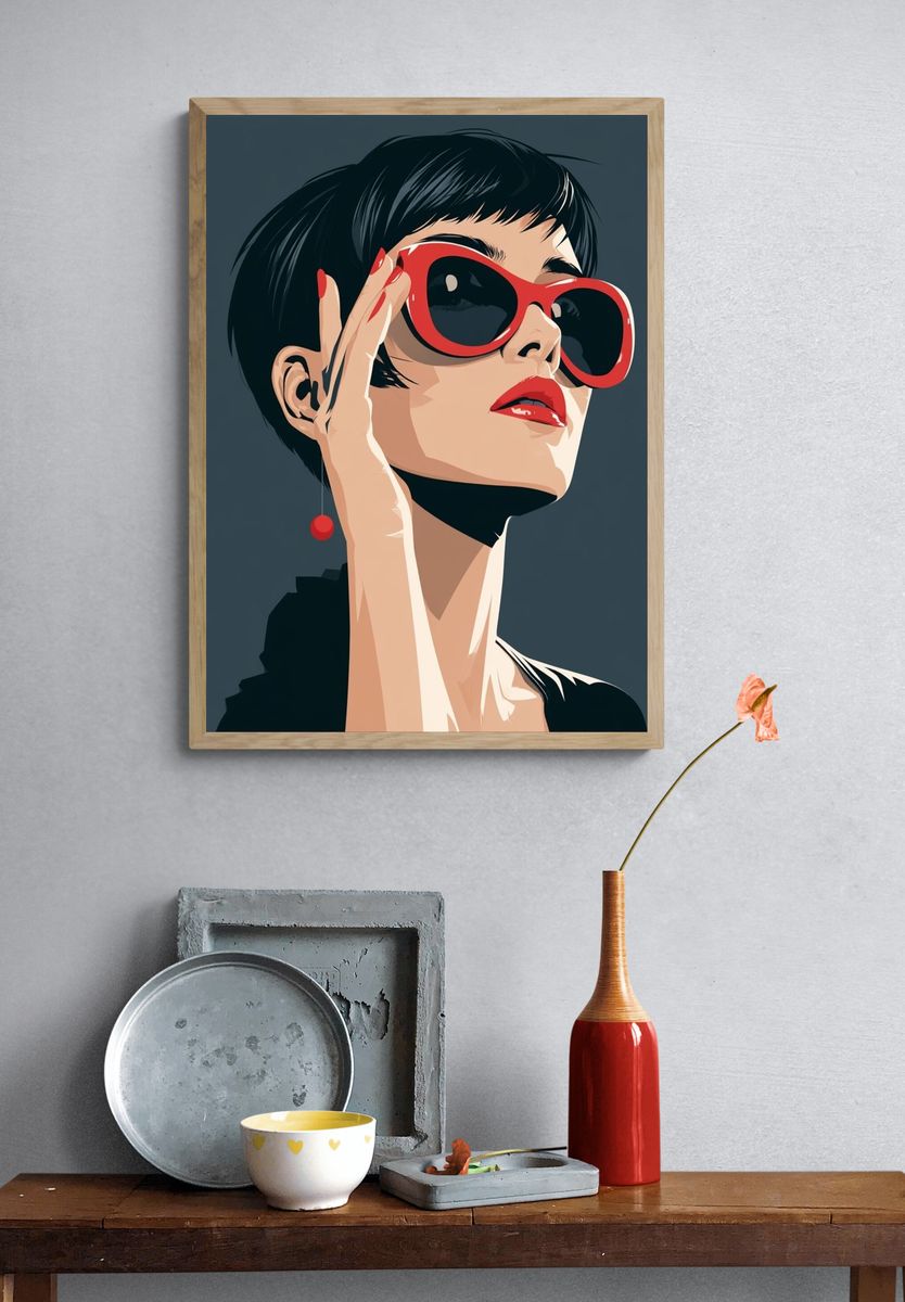 Red Sunglasses Portrait Illustration Poster. — room view 3