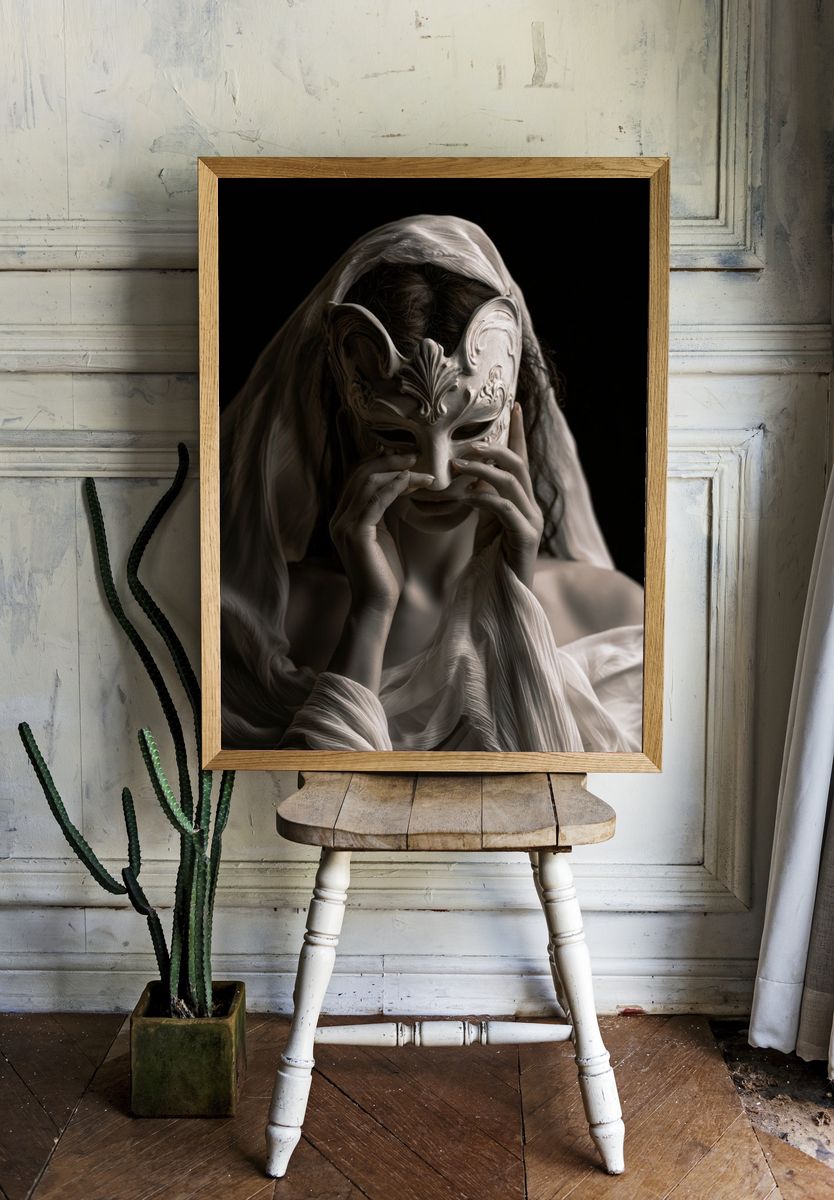 Masked Woman Surrealism Print. room preview
