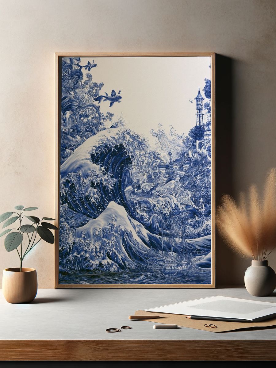 Blue Ocean Wave Surrealism Print. — room view 2