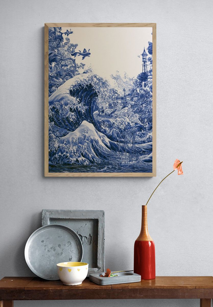 Blue Ocean Wave Surrealism Print. — room view 3