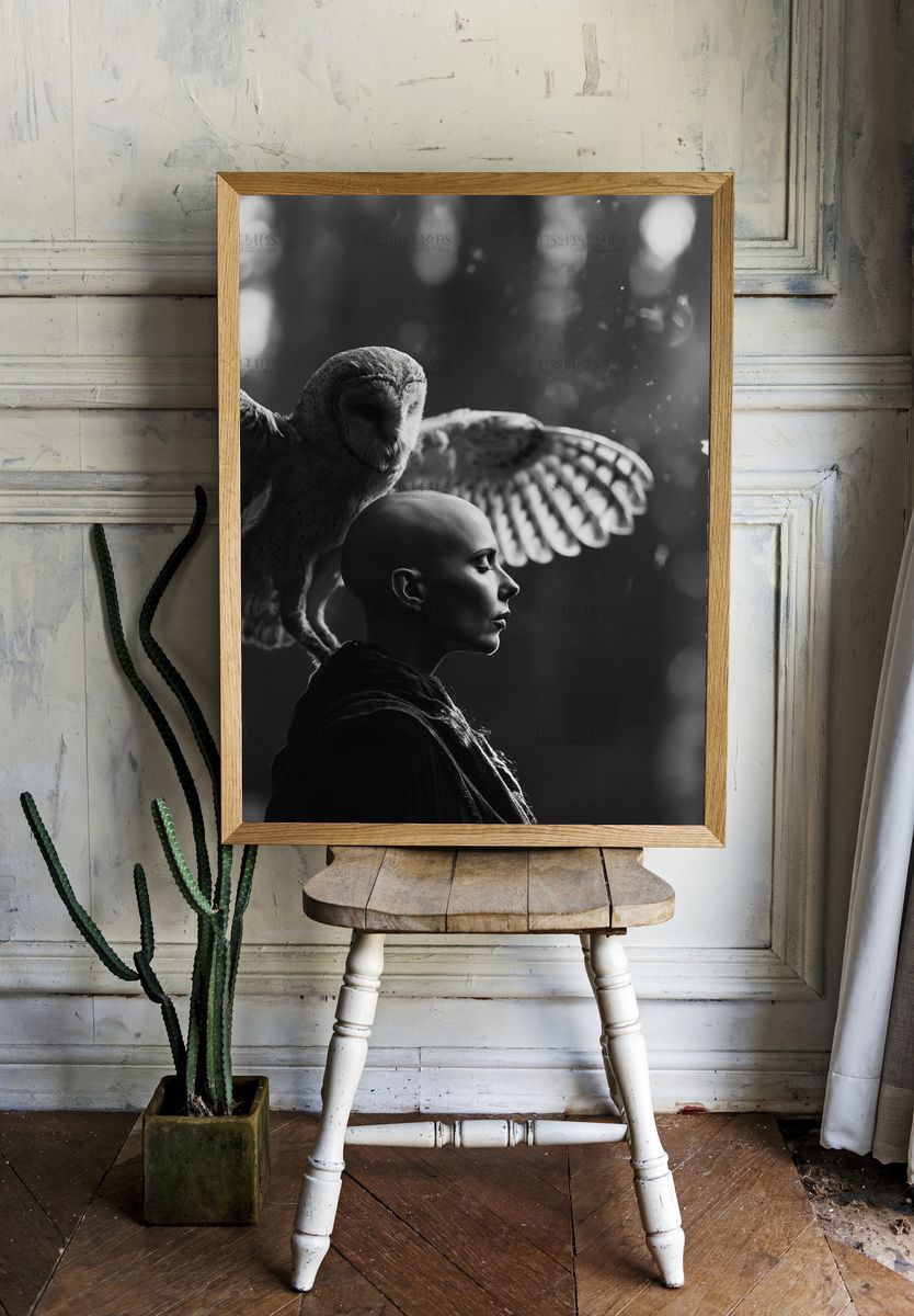 Owl and Bald Figure Surrealism Print. — room view 1