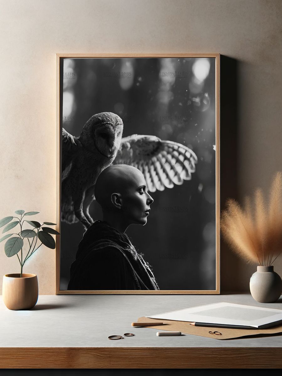 Owl and Bald Figure Surrealism Print. — room view 2