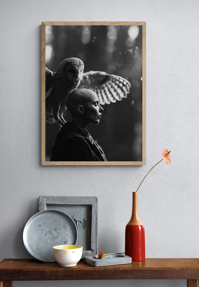 Owl and Bald Figure Surrealism Print. — room view 3