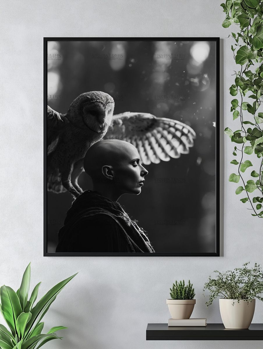 Owl and Bald Figure Surrealism Print. — room view 4