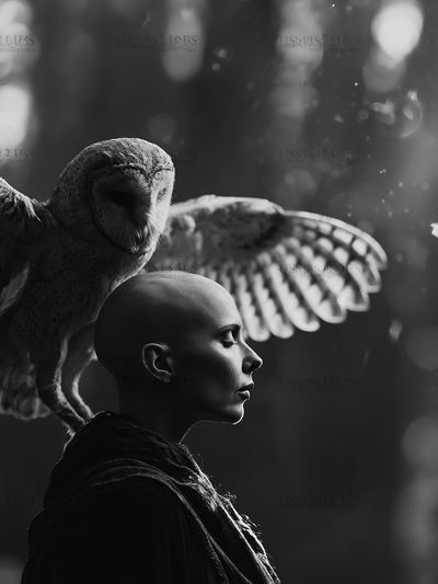 Owl and Bald Figure Surrealism Print. poster