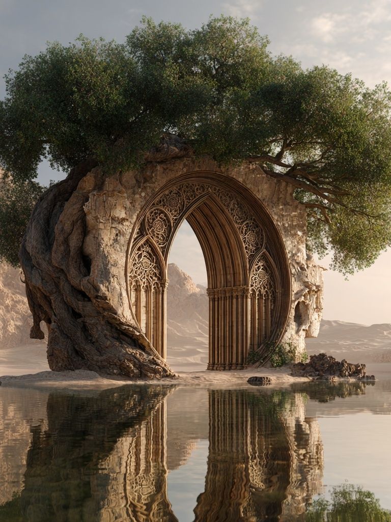 Floating Arch Oasis Surrealism Poster. poster detail