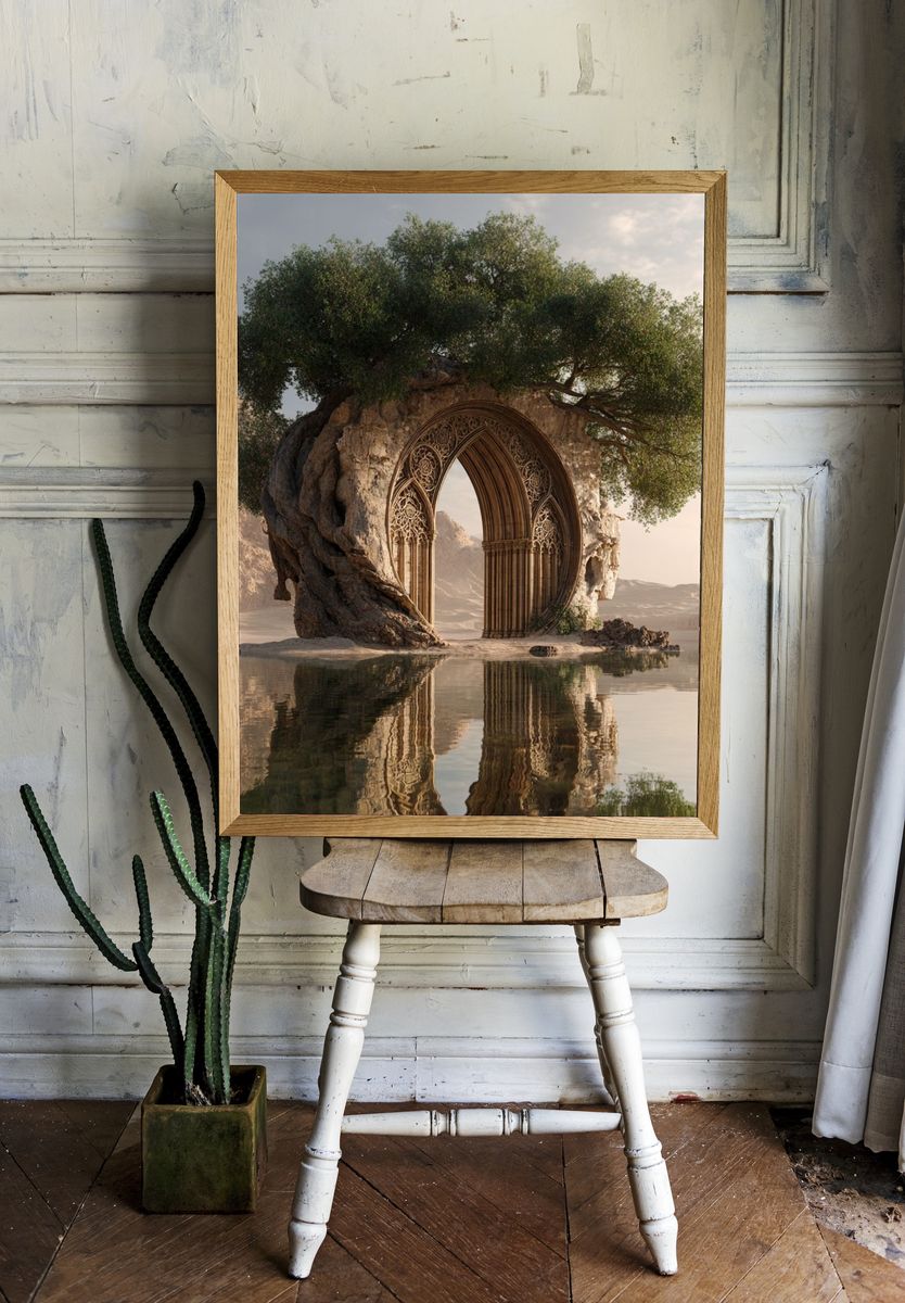 Floating Arch Oasis Surrealism Poster. room preview