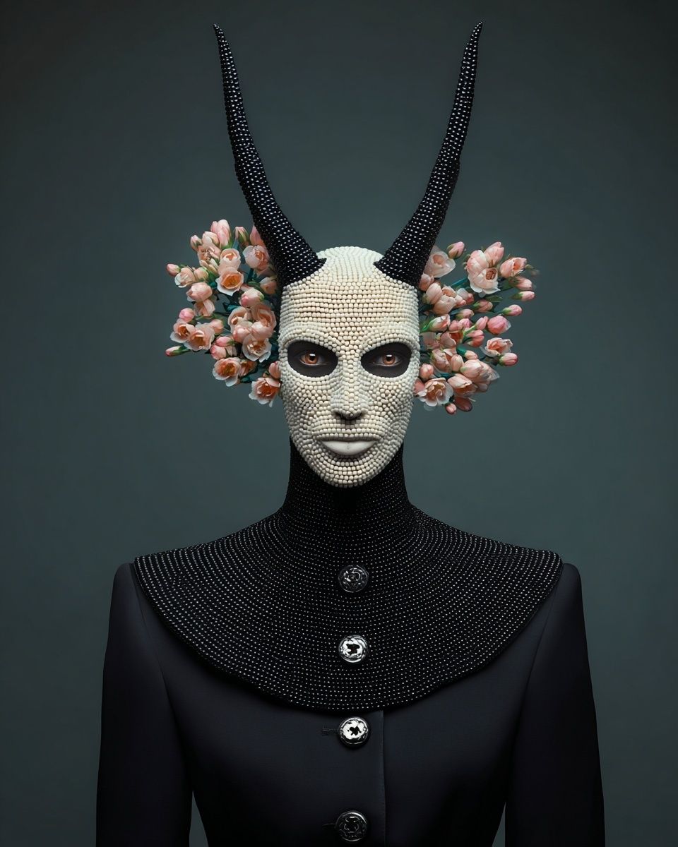 Surreal Horned Mask Portrait Print. poster detail