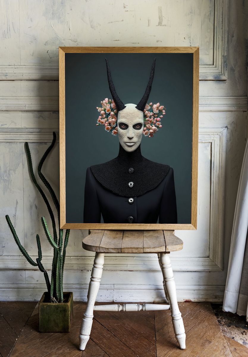 Surreal Horned Mask Portrait Print. room preview