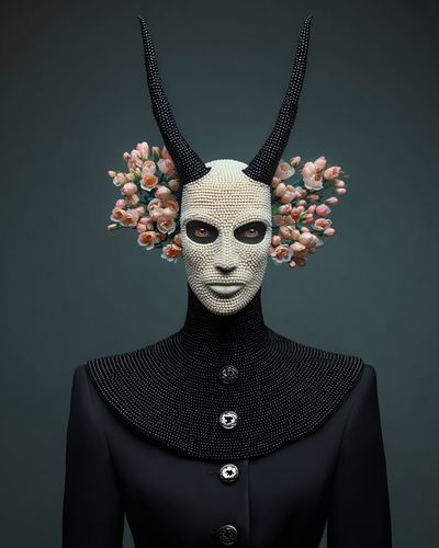 Surreal Horned Mask Portrait Print. poster print