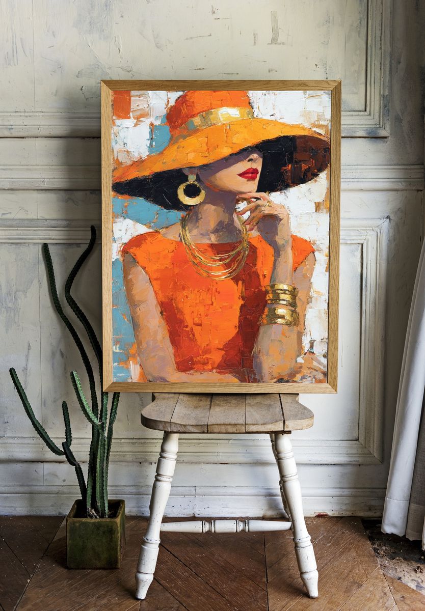 Orange Hat Fashion Portrait Print. room preview