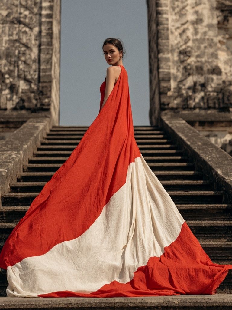 Red Gown Stairway Fashion Poster. poster detail