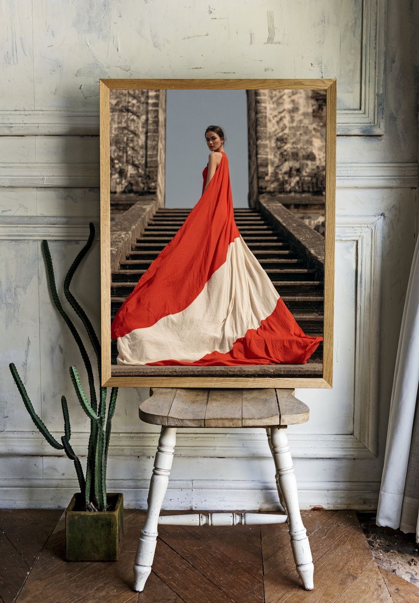 Red Gown Stairway Fashion Poster. — room view 1
