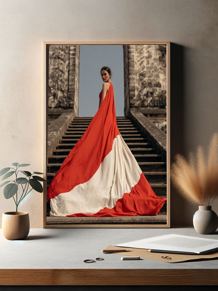 Red Gown Stairway Fashion Poster. — room view 2