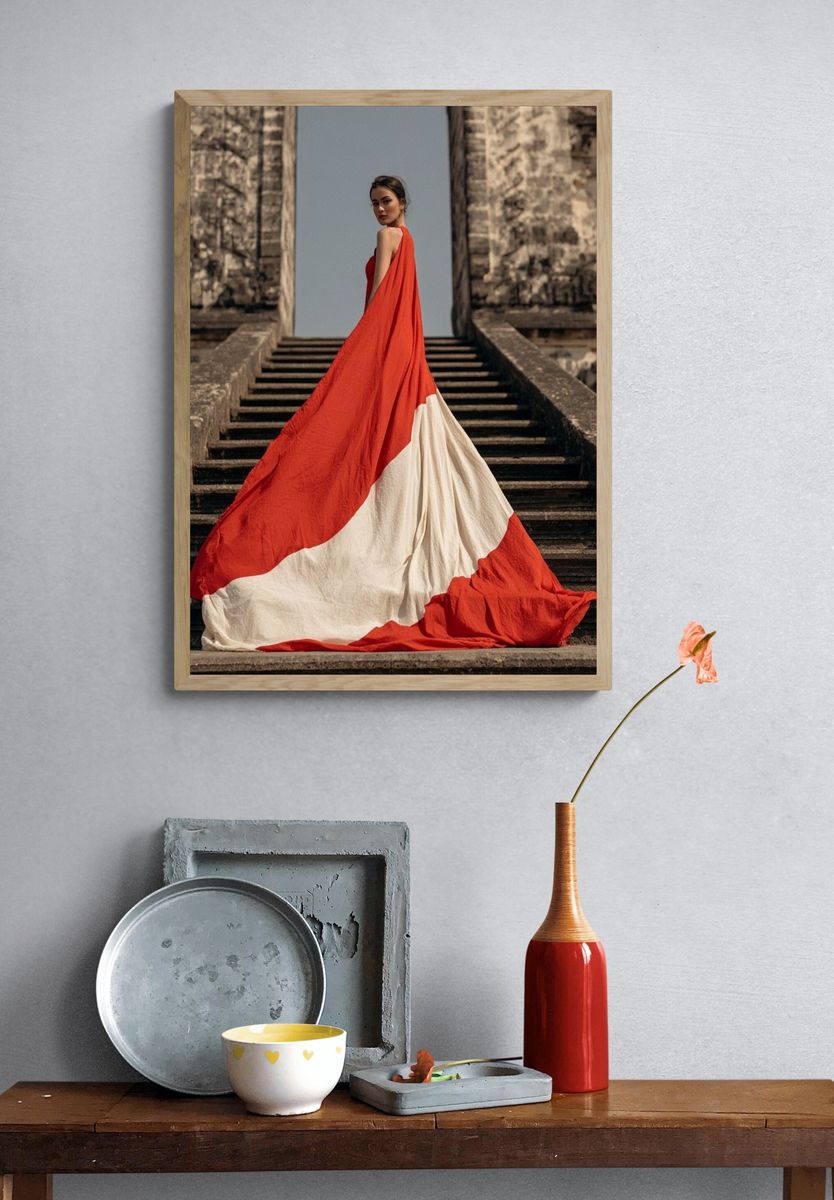 Red Gown Stairway Fashion Poster. — room view 3