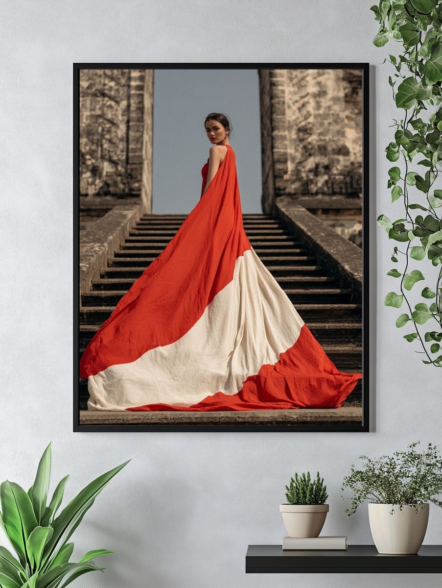 Red Gown Stairway Fashion Poster. — room view 4