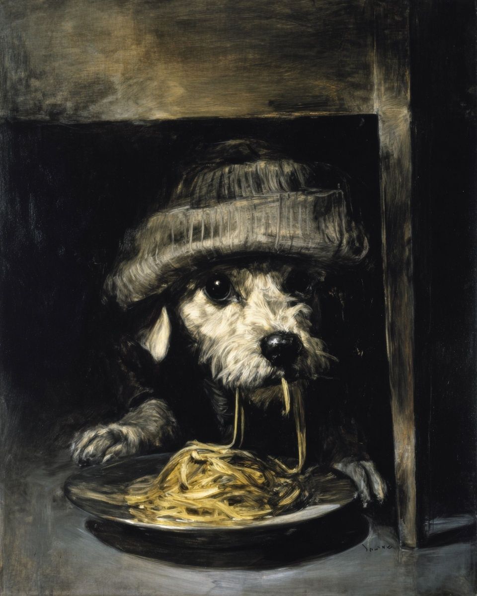 Dog with Spaghetti Surrealism Poster. poster detail
