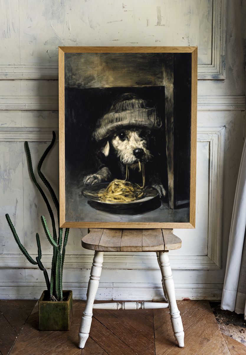 Dog with Spaghetti Surrealism Poster. room preview