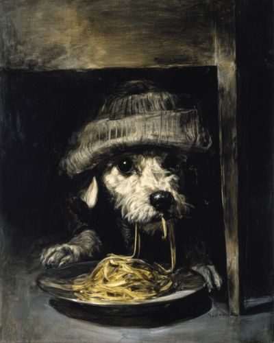 Dog with Spaghetti Surrealism Poster. poster