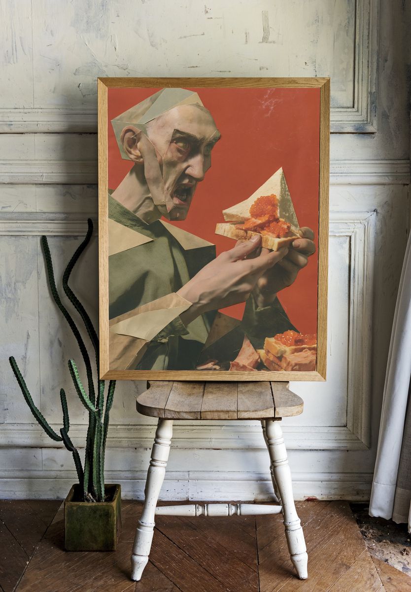 Surreal Collage Man with Sandwich Poster. room preview