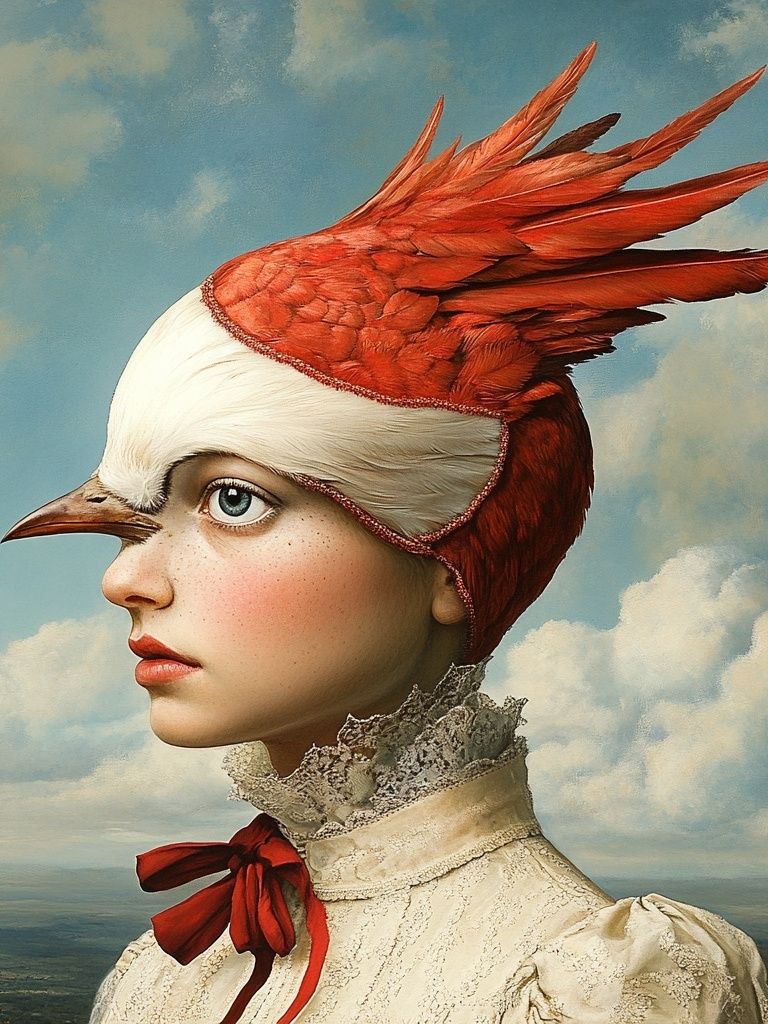 Bird-Hatted Portrait Surrealism Print. poster — fine-art art