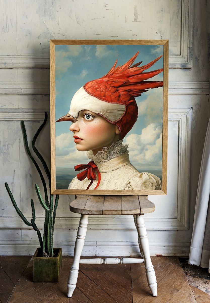 Bird-Hatted Portrait Surrealism Print. — room view 1