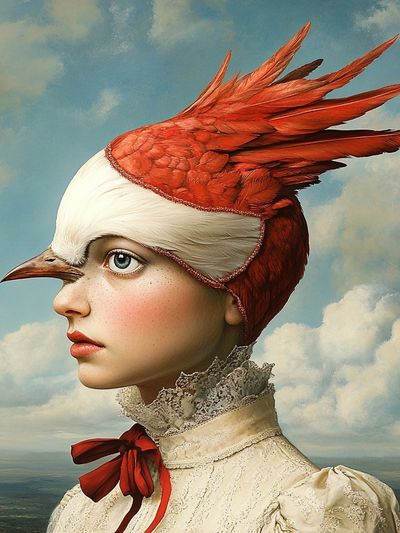Bird-Hatted Portrait Surrealism Print. poster