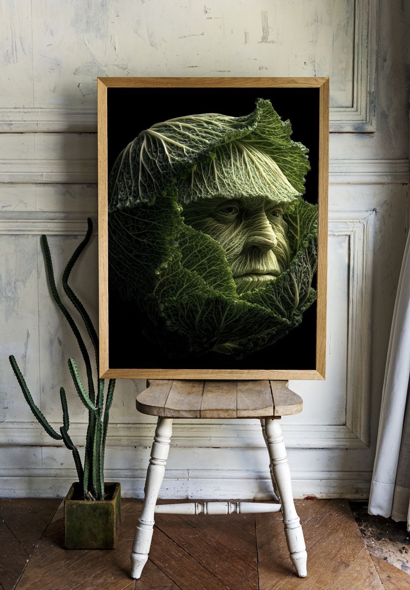 Cabbage Face Surrealism Print. room preview