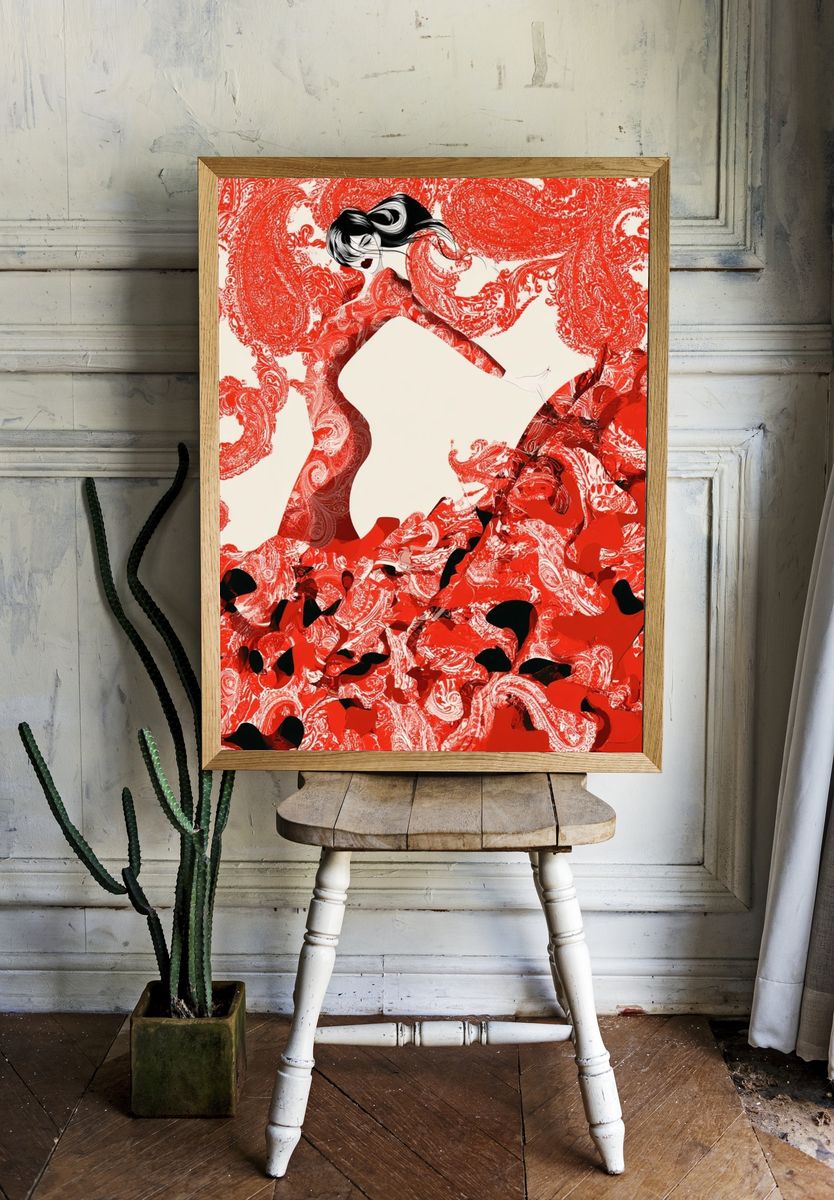 Red Fashion Silhouette Abstract Print. — room view 1